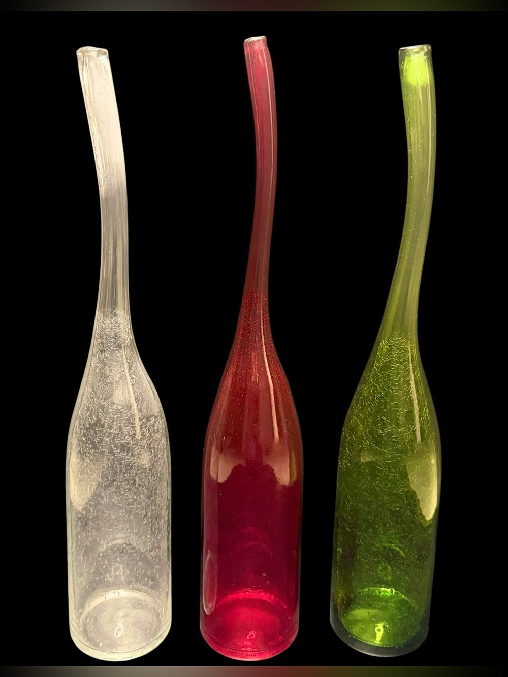 Set of 3 MCM 16” Hand Blown Art Glass Stretch / Swung Neck Bottles
